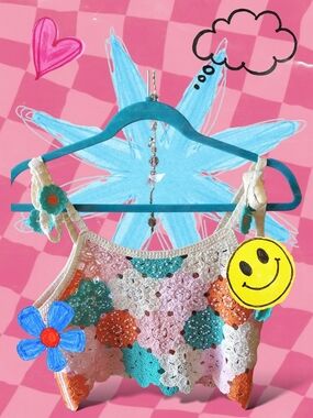 POL Dreamy Daisy Crochet Floral Tank Top in Teal, Orange, Pink & White